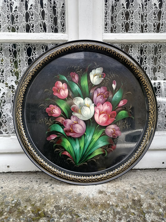 Vintage Russian Toleware Tray hand painted 50 cms