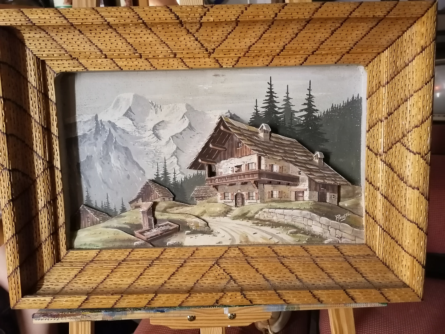 French Chalet Picture 1950 Hand painted & carved matchstick frameFrench Chalet Picture 1950 Hand painted & carved matchstick frame