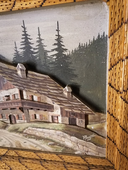 French Chalet Picture 1950 Hand painted & carved matchstick frameFrench Chalet Picture 1950 Hand painted & carved matchstick frame