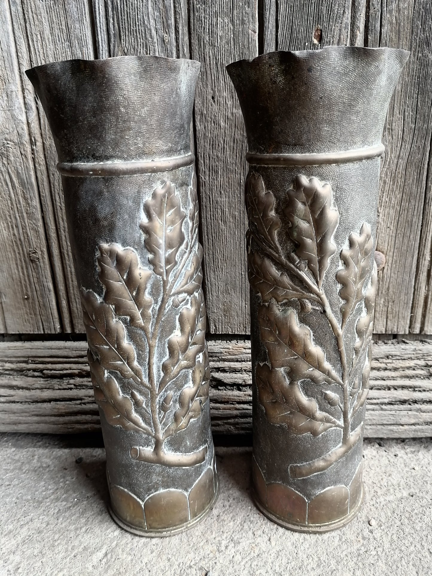 French Trench Art shell cases Acorns & Oak leaves