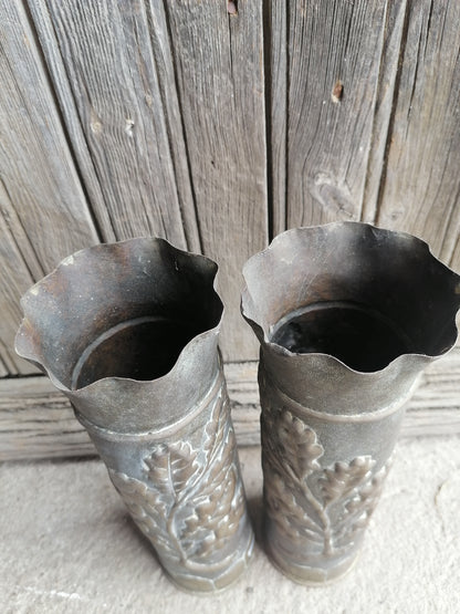 French Trench Art shell cases Acorns & Oak leaves