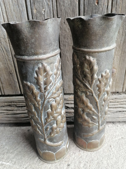 French Trench Art shell cases Acorns & Oak leaves