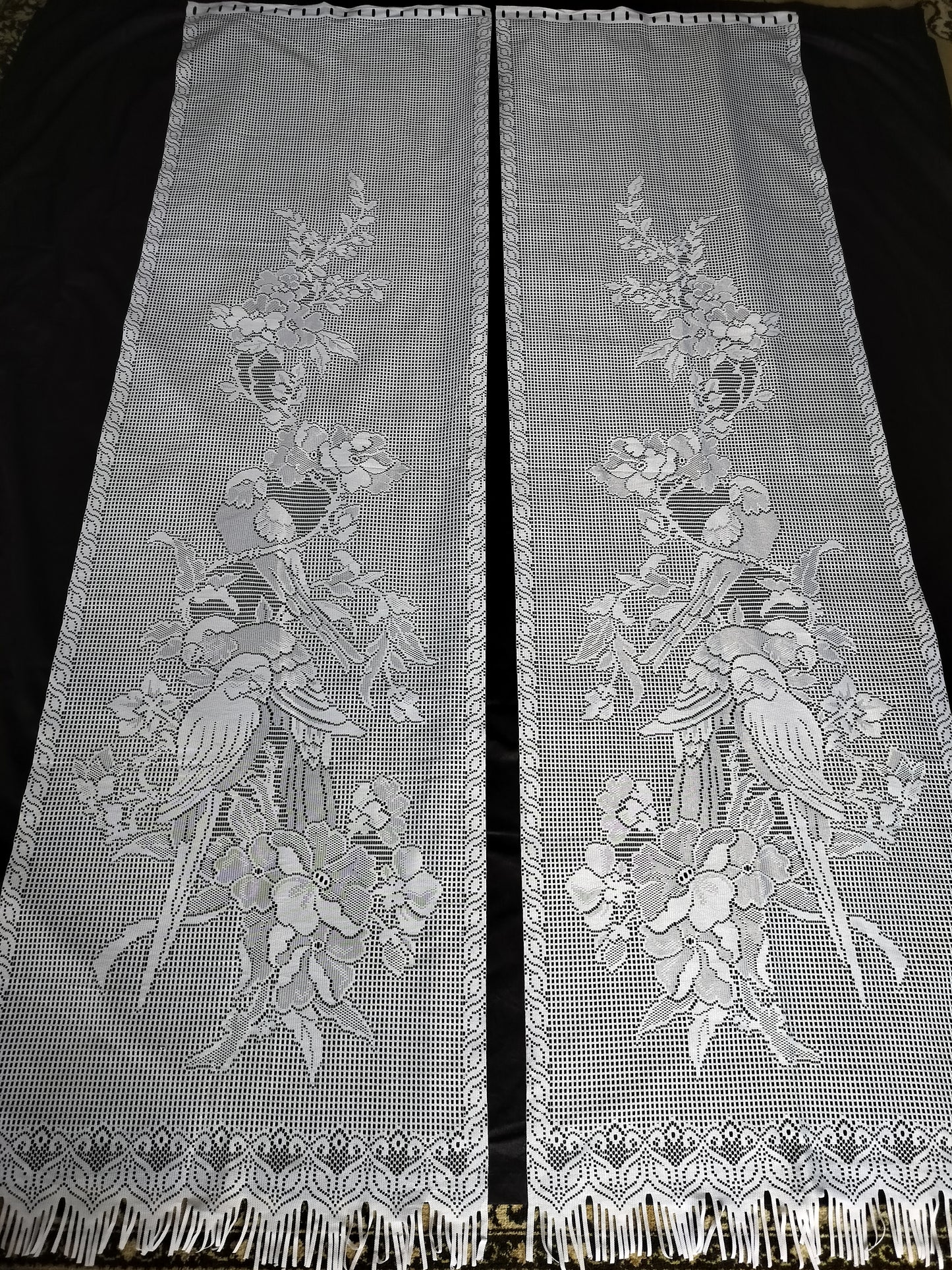 French Vintage Pictorial Lace Curtains 215cm long windows - doors