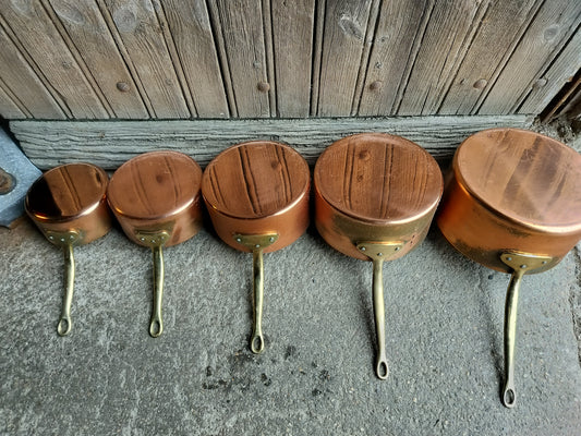 French Copper Pans set 5 Tin lined & Brass handles