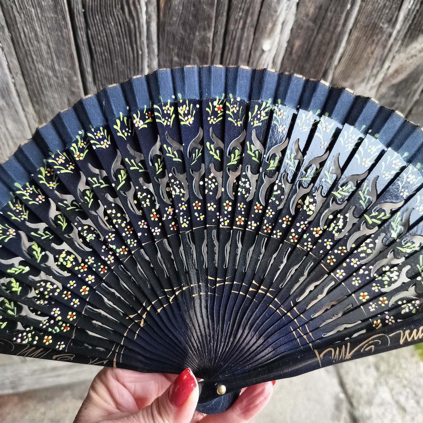 Vintage Fan Japanese wood & fabric hand painted